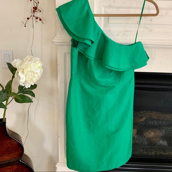 SOLD*NWT J. Crew Green One Shoulder Ruffle Dress - Picture 4 of 8